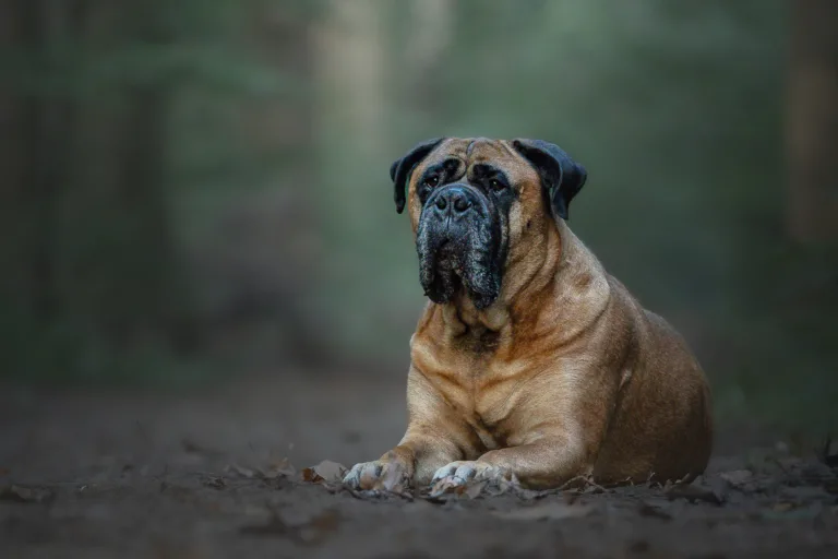 Een rustige hond liggend in het bos, fotografeert in een kalme en serene sfeer.
